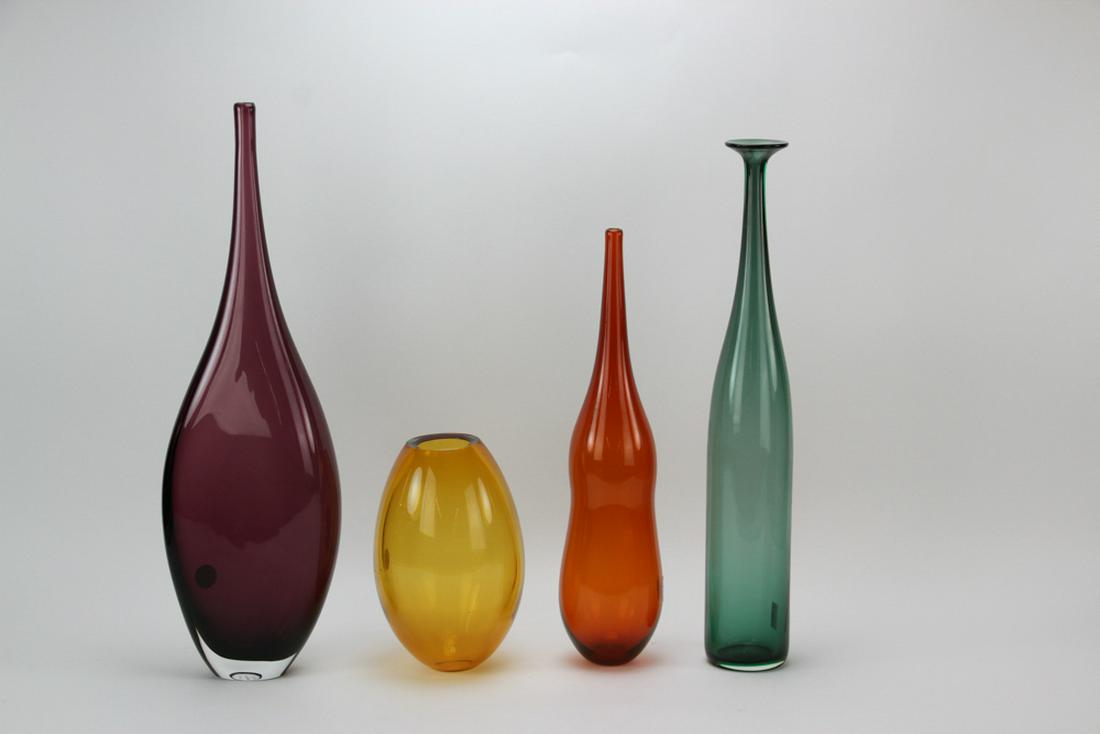 Collection of Italian Blown Glass Vases: Four (4) blown glass vases to include three (3) made in Italy with 'Arcade' labels and indistinctly etched artist signatures, together with one etched N Kekic, for Nicholas Kekic, 22 1/2" H. Provenanc