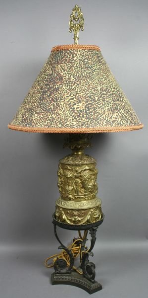 19th C. Embossed Brass and Iron Lamp