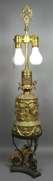 19th C. Embossed Brass and Iron Lamp - 2