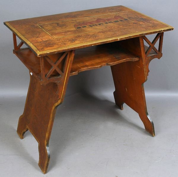 19th/20th C. Folk Art, Boston Tea Party Table: Late 19th/early 20th Century folk art The Boston Tea Party carved table, 38"h. x 30"l. x 19 1/2"w., monogrammed on bottom. Old finish, good condition.