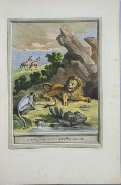 Le Lion, Le Singe et Deux Anes, Fable CCIX: 18th Century, "Le Lion, Le Singe et Deux Anes, Fable CCIX", hand-colored engraving, 11 1/2"h. x 8 1/4"w. unframed. Foxing on border.