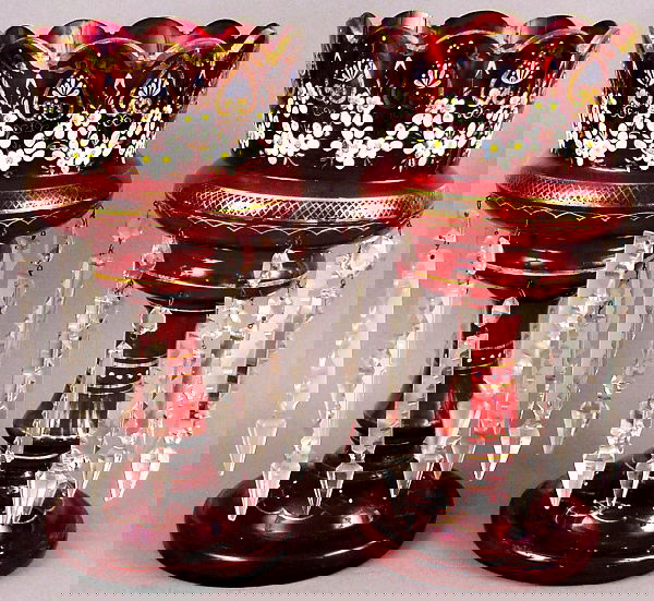 PAIR OF 19TH C. ENAMELED GLASS MANTLE LUSTERS: Pair of 19th Century ruby-colored glass mantle lusters with hand-enameled decoration and prisms, 13 3/4"h. x 7"dia. Good condition.