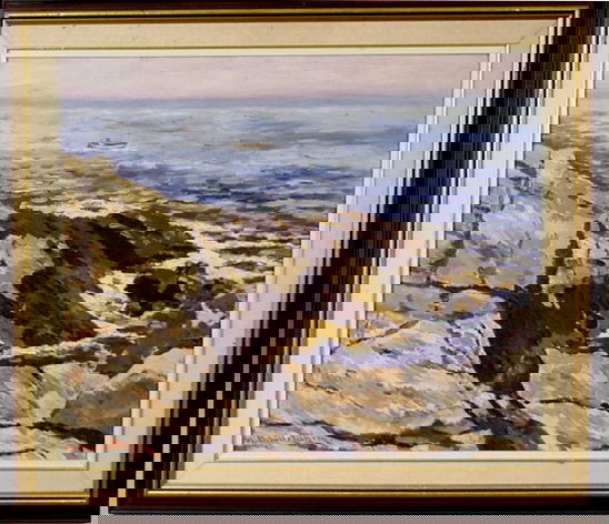 HUGO MELVILLE FISHER SEASCAPE OIL CANVAS FRAMED: Hugo Melville Fisher (1876-1940), seascape, o/c, 22" x 26". Framed.