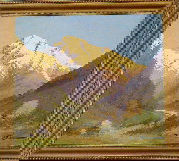 PAIR RAMOS CATALAN CHILEAN LANDSCAPES: Pai of Ramos Catalan (Chilean), 'Efecto de Sol' en I Cajon de Los Andes', o/c, 17 3/4" x 15 3/4". Original frame.