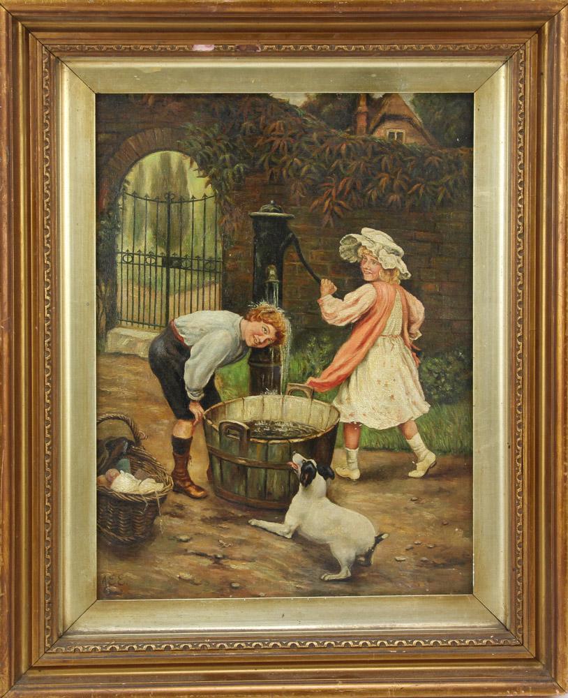 19th Century Children at the Water Pump, Oil on Canvas (1 of 6)