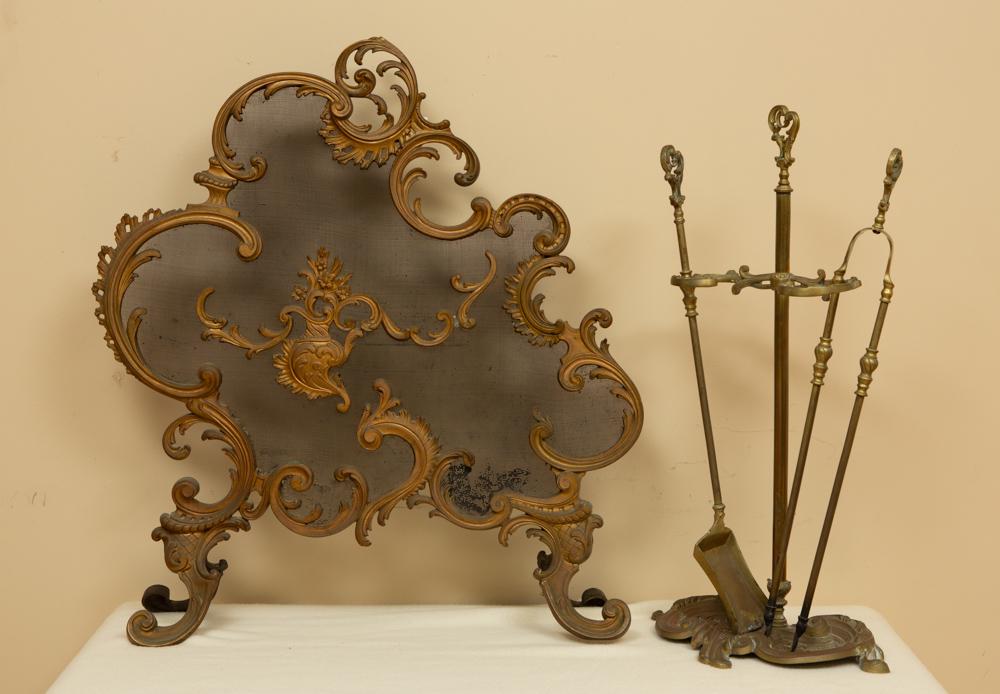 19thC French Louis XVI Fire Screen with Tools (1 of 2)
