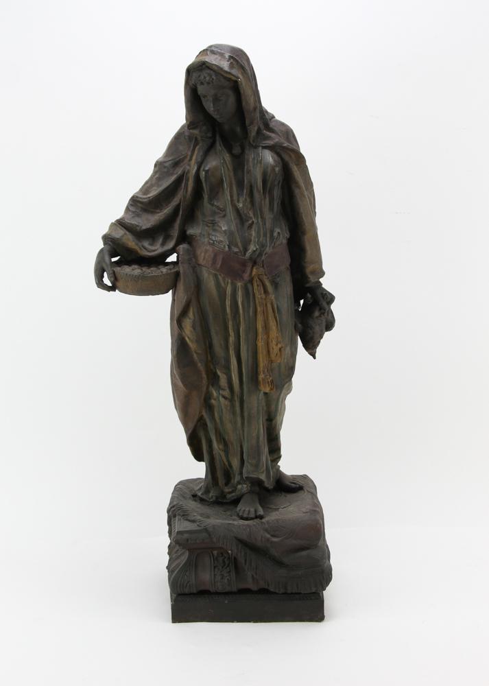 19th C Figure of Arabian Woman Signed Mekou: 19th century figure of Arabian woman, bronzed white metal, signed 'Mekou', 28" x 8" x 8".