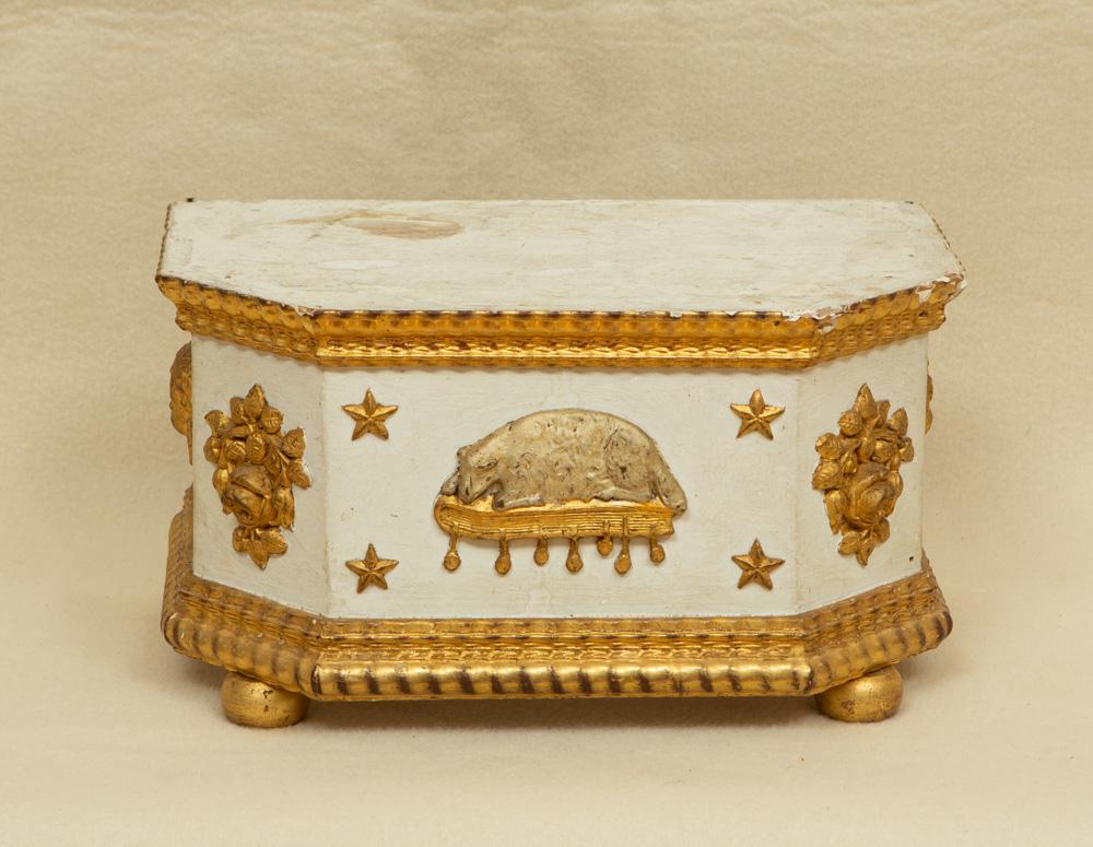 Old French Carved Giltwood Base: Old French wood base with giltwood carving of cherubs and sheep, 7 1/2" H x 13 3/4" W x 8 1/2" D.