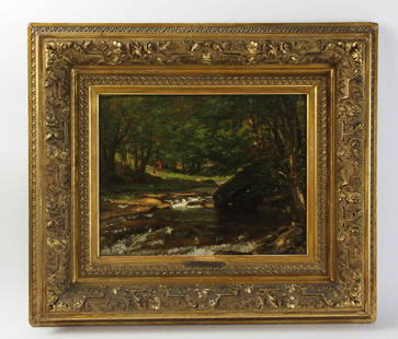 T Worthington Whittredge, River Scene, Oil on Canvas: Thomas Worthington Whittredge (1820-1910) river landscape with figure in red clothing, oil on canvas, bears signature "W. Whittredge" and with "W. Whittredge" on plaque, 12 1/2" x 16", original frame,