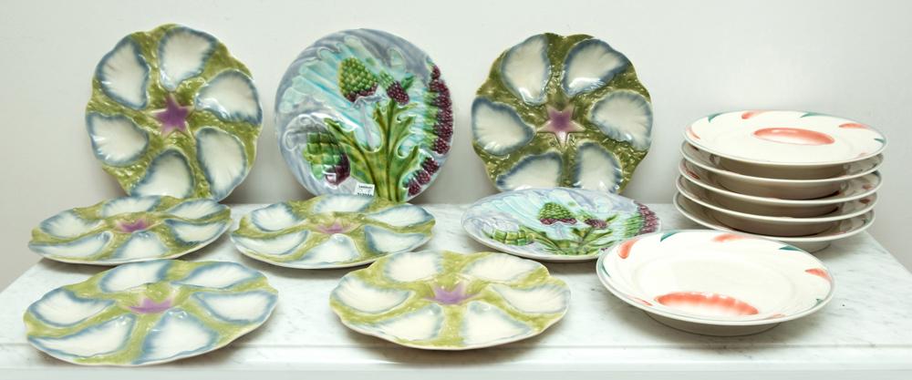 Group of French Majolica Plates: French majolica plates, fourteen (14) in total to include: (6) Sarreguemines seafood plates, (6) oyster plates, (2) asparagus plates. 9 1/2" diameter.