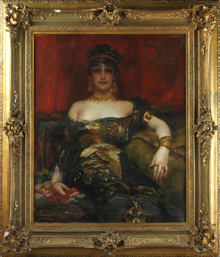 Signed Roybet, Reclining Woman, Oil on Canvas: Signed Ferdinand Roybet, reclining woman, oil on canvas, 28" x 23", in giltwood frame 38" x 32". Note old Christie's East label.