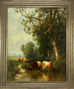 William M. Hart, Cattle in Stream, Oil on Canvas: William M. Hart (Scottish, 1823-1894), cattle in stream, oil on canvas, 24" x 19", frame 30" x 24".