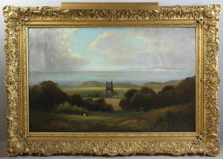 George Henry Bogert, Chale Church, Oil on Canvas: George Henry Bogert (1864-1944), 'Chale Church, Isle of Wight', oil on canvas, signed lower left, signed and dated 1894 verso, 35" x 55", in ornate gilt frame 49" x 72. A similar view of this location