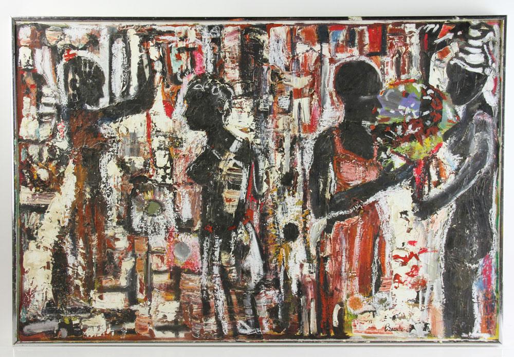 Attr to Bearden, Black Americans, Oil on Canvas: Attributed to Romare Bearden (New York, 1911-1988), Black Americans, oil on canvas, signed L/R, 24" x 36", framed 24 1/2" x 36 1/2".