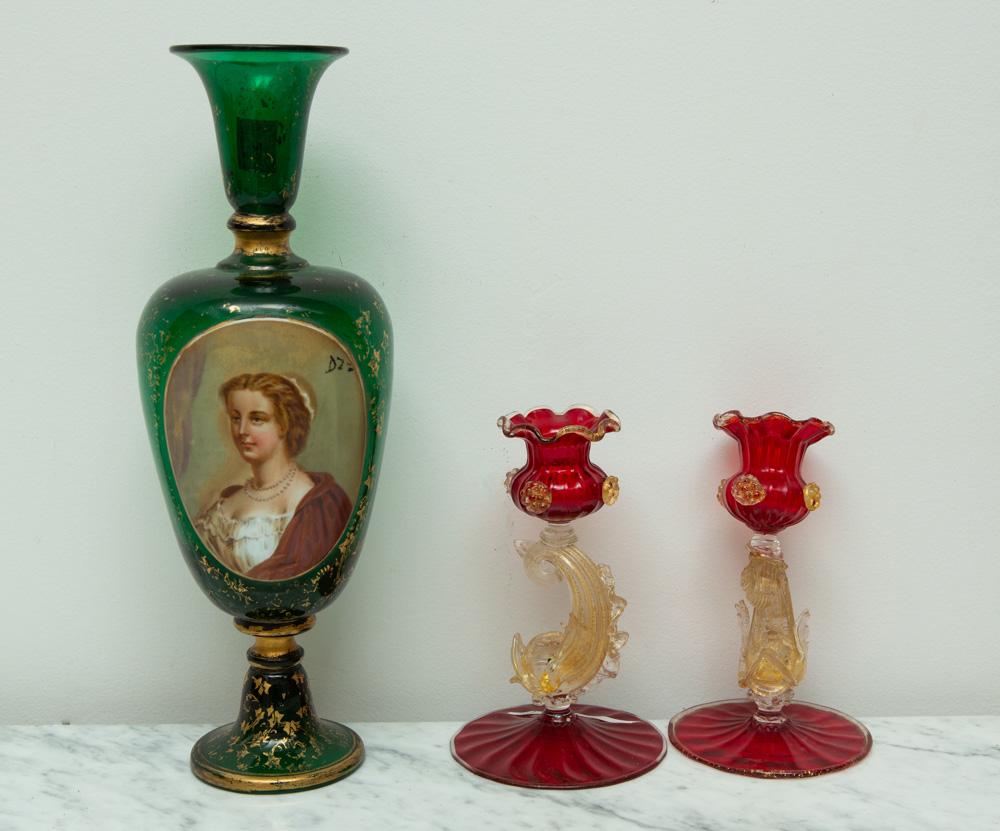 19thC Cameo Glass Vase, Candlesticks (1 of 2)