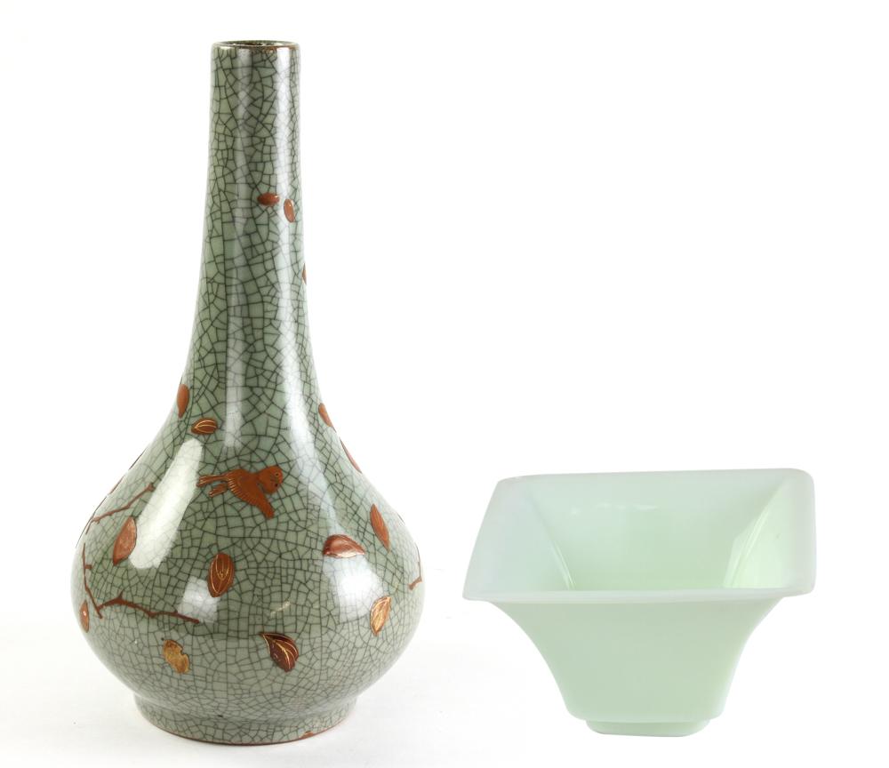 Chinese Crackle Vase and Peking Glass Bowl: Chinese celadon crackle vase with hand-painted decoration, 14" H x approximately 7 1/4" diameter. Chinese Peking glass square bowl, 4" H x 6 3/4" diameter. Rim chips. Provenance: Acquired by collector