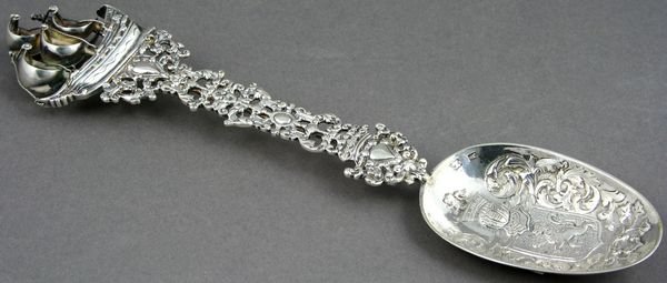 19th C. Dutch Silver Repousse Serving Spoon