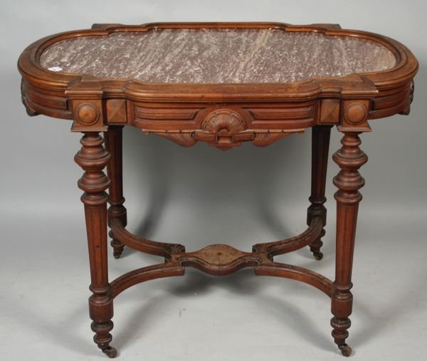 19th C. VICTORIAN WALNUT MARBLE-TOP TABLE