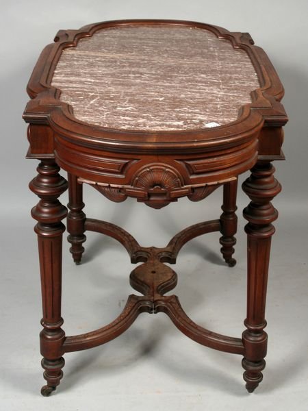 19th C. VICTORIAN WALNUT MARBLE-TOP TABLE - 2