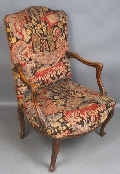19th C. Carved French Armchair, Needlepoint Cove