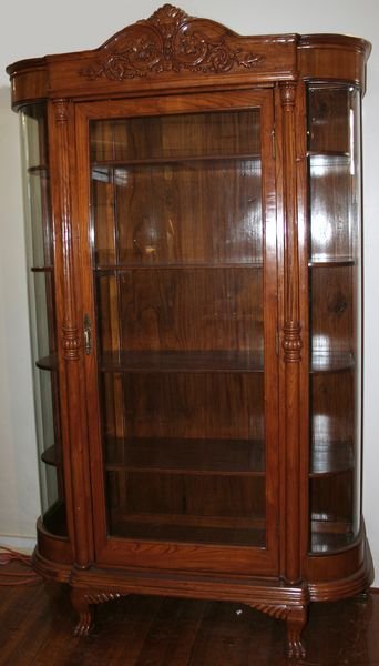 20th C. VARNISHED CABINET, CURVED GLASS SIDES