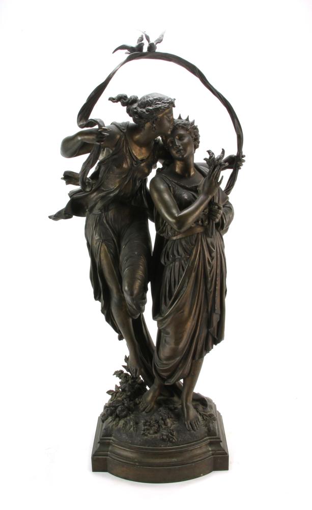 H Dumaige, Bronze, Demeter and Nymph: Patinated bronze statue depicting Demeter and Nymph on plinth stand, signed 'H. Dumaige, 1867' (Etienne Henry Dumaige, 1830-1888), 34" H x 15" W x 8" D, plinth 3" H. Provenance: From the estate of Jam