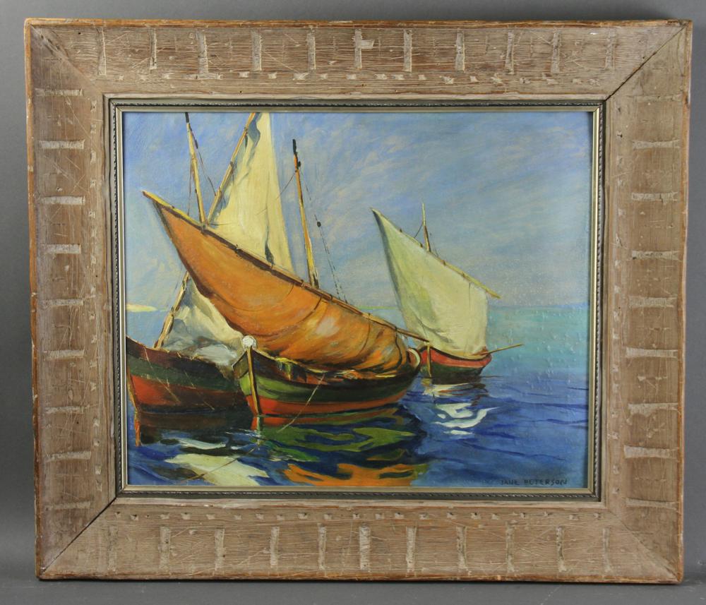 Jane Peterson, Sailboats, Oil on Panel: Sailboats, oil on panel, signed L/R, Jane Peterson (American, 1876-1965), 18" x 22", frame 25" x 29". Provenance: Private collection Boston, Massachusetts.