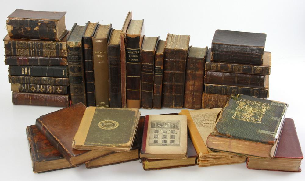 Balch House Collection of Rare Books: Balch House collection of (32) rare books, previously appraised by Ken Gloss, to include: 1744 Holy Bible, R. Watkins, Edinburgh; Kent's Commentaries, J. Eastman, 1839; Schopenhauer, E. Hubbard, 1904;
