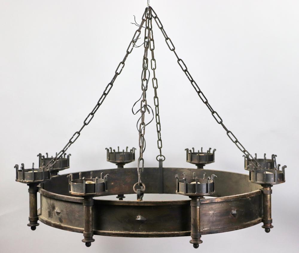 Antique Spanish Style Iron Chandelier: Antique Spanish-style iron chandelier, 47" diameter. Provenance: Lexington, Massachusetts collection.