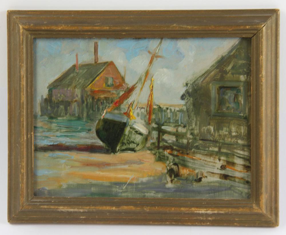 Attr to Twachtman, Gloucester Ship, Oil on Board: Attributed to John Henry Twachtman (American, 1853-1902), "Gloucester Ship", oil on board, unsigned, 6" x 8" (view), framed 8" x 10". Provenance: From a Vero Beach, Florida estate.