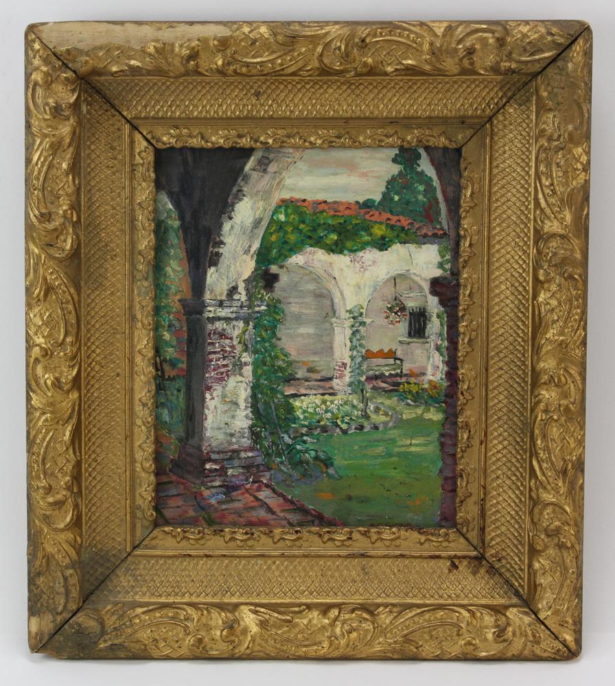 Rider Signed, California Mission, Oil on Board: A. G. Rider signed (Arthur Grover Rider, 1886-1975), titled verso "California Mission Archways", oil on board, signed L/R, 8" x 10", framed 13 3/4" x 15 5/8". Provenance: Johnston, Rhode Island estate