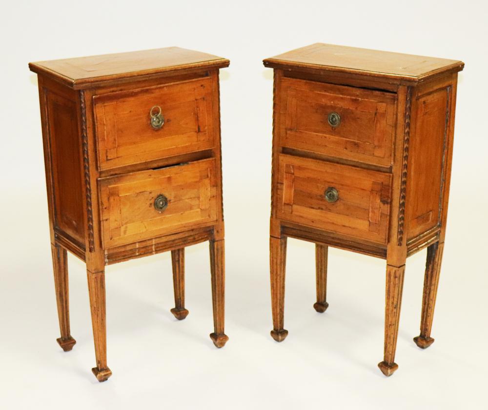 Pair of 18thC Italian Parquetry Stands: Pair of 18th century Italian parquetry walnut two-drawer stands having glass tops, 34" H x 18" W x 11" D. Provenance: Christa's Antiques, Chicago, Illinois, to Fort Lauderdale, Florida buyer.