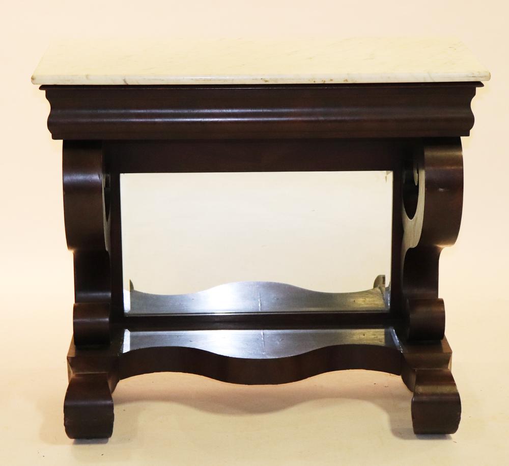 Early 19thC Boston Classical Pier Table: Early 19th century Boston classical mahogany pier table having white marble top, 36" H x 40" W x 18" D. Provenance: Florida estate.