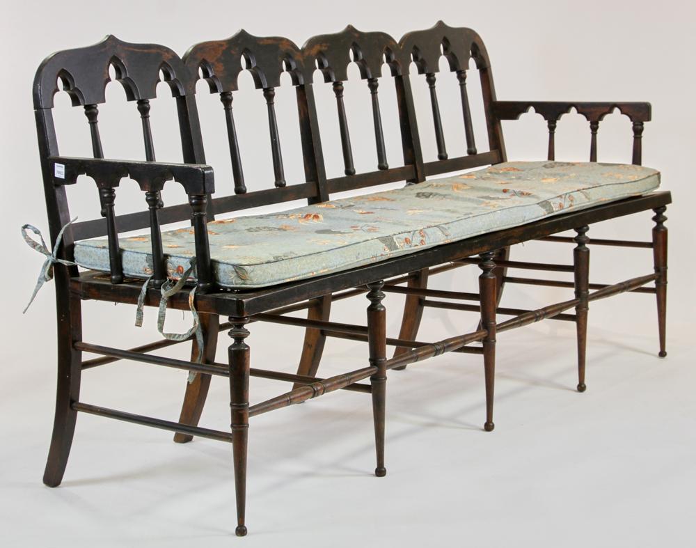 19th Century Bench with Caned Seat: 19th century bench with carved Gothic arch crest, caned seat, 34 1/2" x 72" x 21". Provenance: Beverly, Massachusetts collection.
