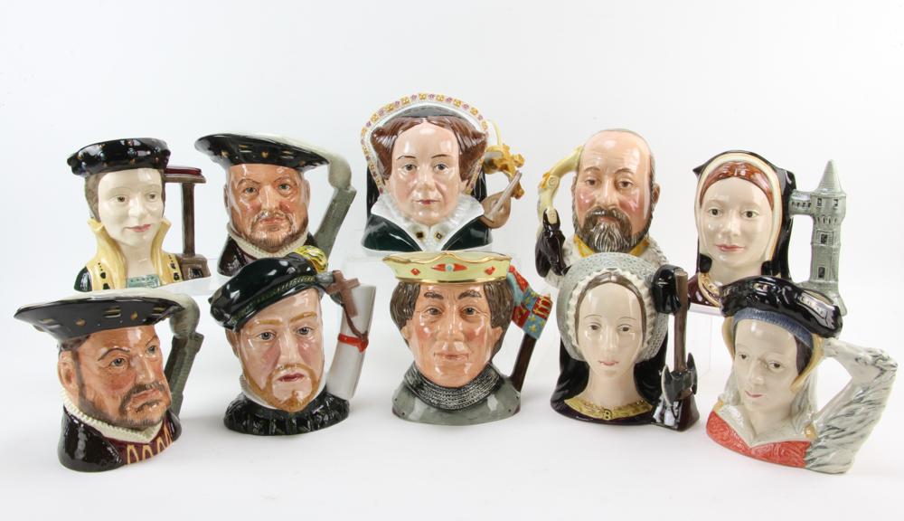 Collection Of Royal Doulton Toby Jugs: Collection of ten (10) Royal Doulton toby jugs depicting Royalty figures to include: Prince Philip of Spain; Henry VIII; Catherine Parr; Anne Boleyn; Catherine of Aragon; etc., largest 6 1/2" H. Prove