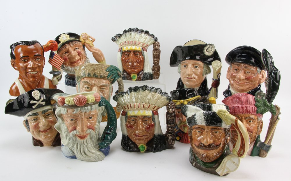 Collection of Royal Doulton Toby Jugs: Collection of twelve (12) Royal Doulton toby jugs depicting North American and nautical figures to include: General Custer; George Washington; Jessie Owens, three from 'The Canadian Centennial Series 