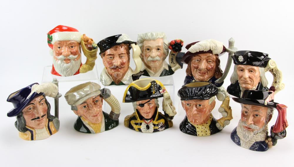 Collection of Royal Doulton Toby Jugs: Collection of ten (10) Royal Doulton toby jugs to include: Christopher Columbus; Santa Claus; Albert Einstein; Vice-Admiral Lord Nelson; Pearly King; Sir Walter Raleigh; etc., tallest 7 1/2". Provenan