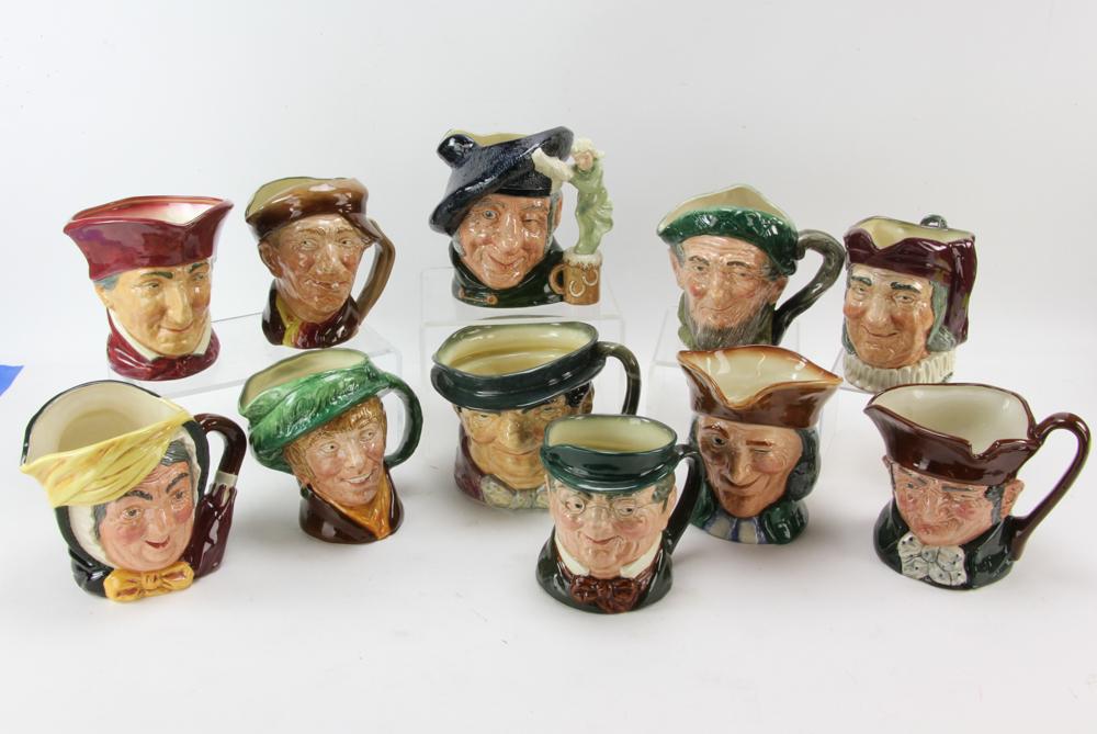 Collection of Royal Doulton Toby Jugs: Collection of eleven (11) Royal Doulton toby depicting various characters to include: Tam O'Shanter; Sairey Gamp (limited edition no. 123 of 250); Auld Mac; 'Arry'; Mr. Pickwick; etc., tallest 7". Pro