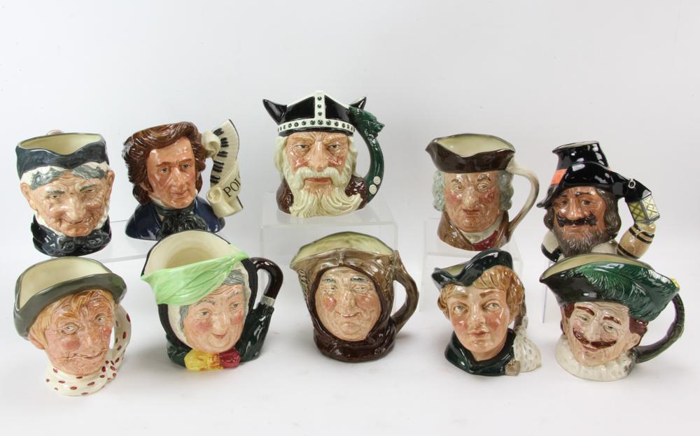 Collection of Royal Doulton Toby Jugs: Collection of ten (10) Royal Doulton toby jugs depicting various characters to include: Chopin; Sam Johnson; Dick Whittington; etc., tallest 7 1/2". Provenance: Beverly, Massachusetts collection.