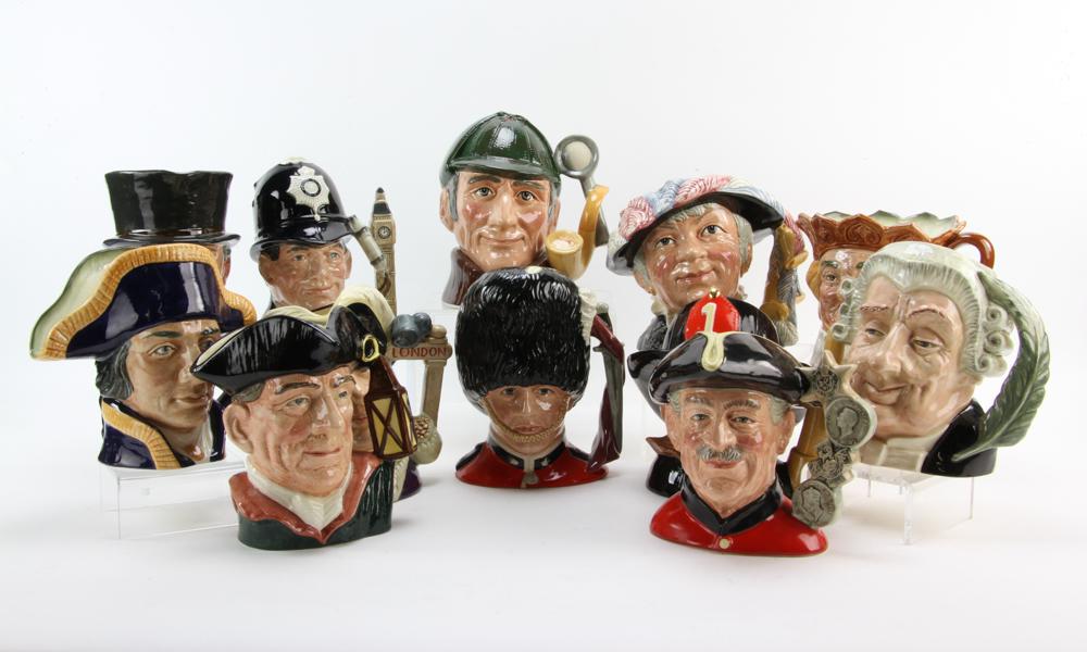 Collection of Royal Doulton Toby Jugs: Collection of twelve (12) Royal Doulton toby jugs depicting familiar English characters to include: 'The Guardsman'; Dick Whittington, 'Lord Mayor of London'; 'The London Bobby'; 'The Pearly Queen'; '