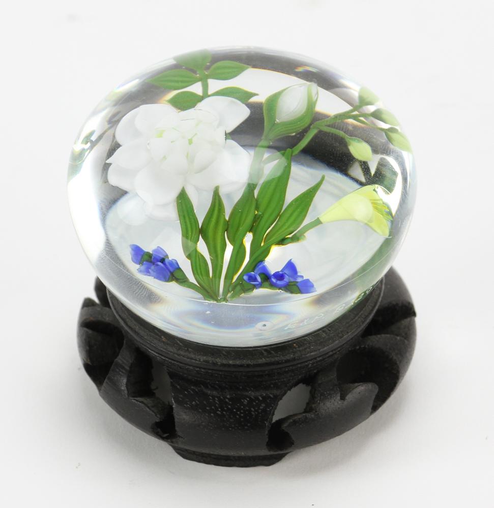 Paul Stankard Paperweight: Paul Stankard (American, b. 1934), floral paperweight signed with 'S' cane, numbered and dated 'EXP B229 1981', 2 7/8" diameter. Provenance: Peabody, Massachusetts collection.