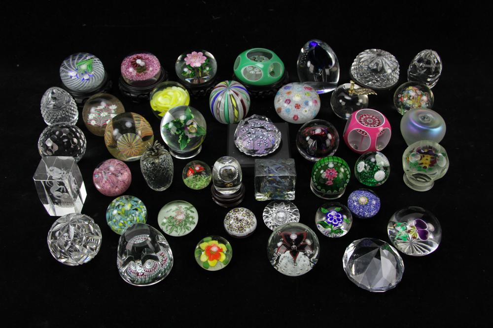 Collection of Glass Paperweights: Collection of forty-two (42) paperweights to include Baccarat, Kosta Boda, Daniel Salazar for Lundberg, Waterford, Perthshire, etc., featuring millefiori, lampwork, latticino, scramble, overlay, etc.,