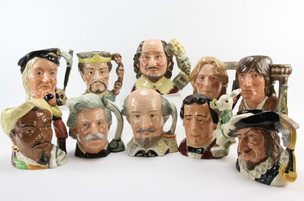 Collection of Royal Doulton Toby Jugs: Collection of ten (10) Royal Doulton toby jugs depicting literary figures to include: William Shakespeare; Oscar Wilde; Mark Twain; Lewis Carroll; together with Shakespeare characters, Romeo, Macbeth,