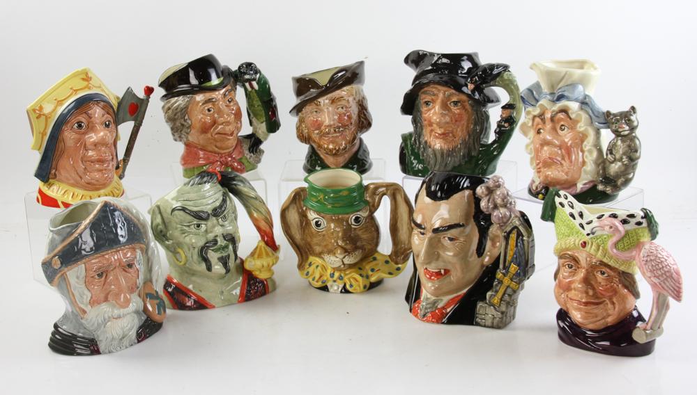 Collection of Royal Doulton Toby Jugs: Collection of ten (10) Royal Doulton toby jugs depicting well-known story book characters to include: Robin Hood; Don Quixote; characters from Alice in Wonderland such as The Cook and The Cheshire Cat