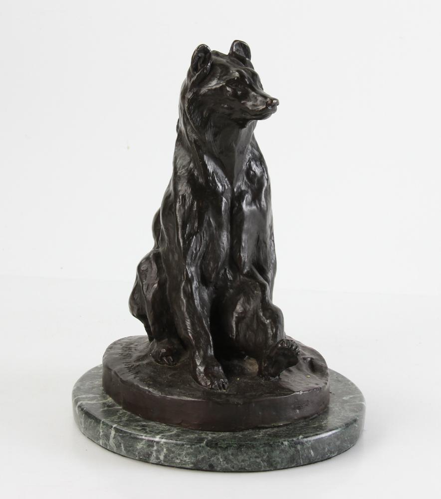 Russian School Bronze Sculpture of Bear: Russian school bronze sculpture of a bear, signed, green marble base, 10" x 6", base 10 1/2". Provenance: Encino, California collection.