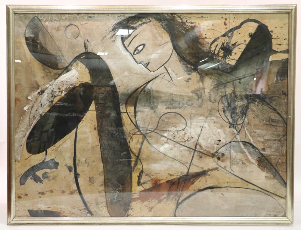 Jamali, Face, Mixed Media on Cork: Jamal (Pakistani/American, b. 1944), face, mixed media on cork, artist identified on label verso 'Jamal Art and Peace Inc.', 56" x 75" (sight), frame 61" x 80". Provenance: Palm Beach, Florida collect