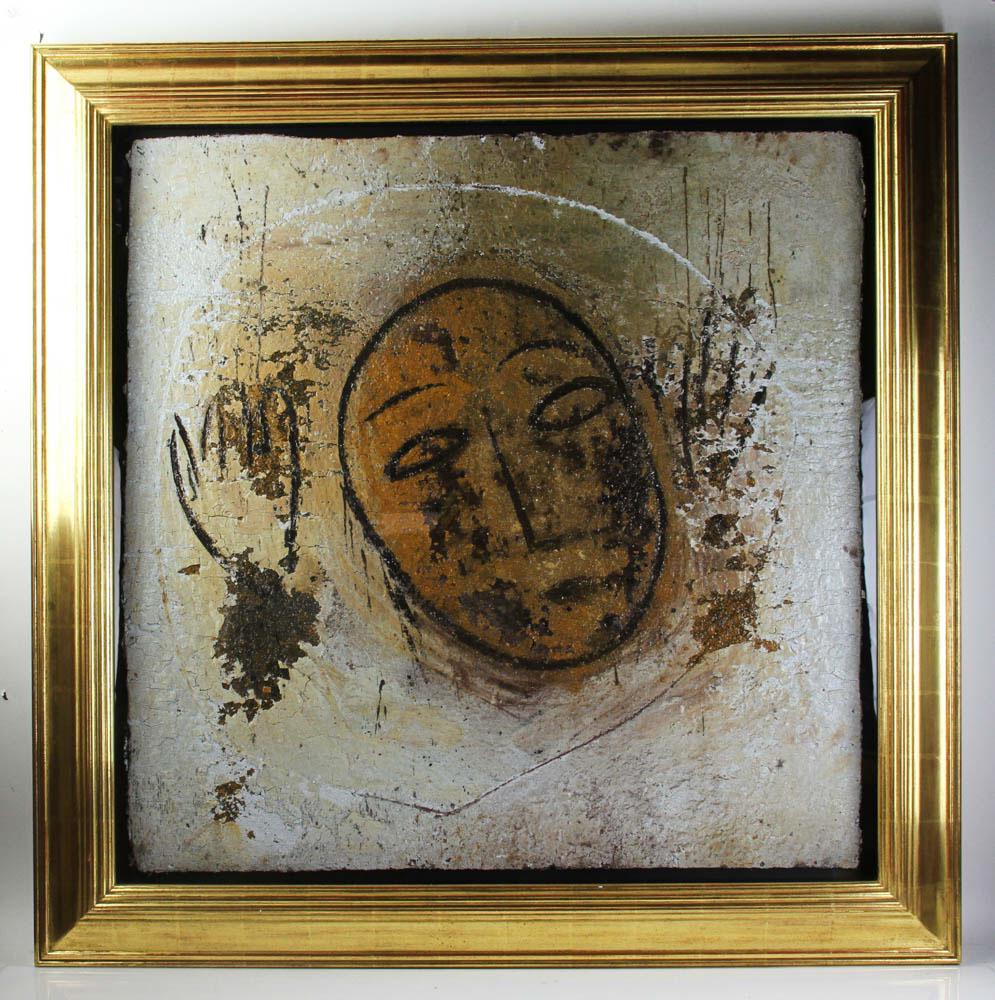 Jamali, Semi Abstract, Ink on Cork: Jamali (Pakistani/American, b.1944), face, mixed media on cork, artist identified on label verso 'Jamali Art and Peace Inc.', 36" x 36", shadow box frame 45 1/2" x 45 1/2". Provenance: Palm Beach, Flo