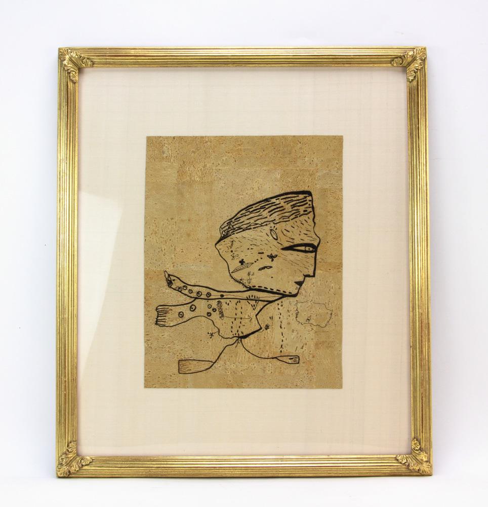Jamali, Semi Abstract, Ink on Cork: Jamali (Pakistani/American, b.1944), semi-abstract, ink on cork, artist identified on label verso 'Jamali Art and Peace Inc.', 13 1/2" x 10 1/4", frame 22 3/4" x 19 Provenance: Palm Beach, Florida col