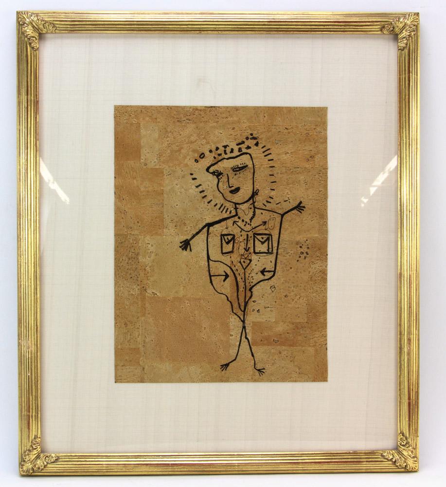 Jamali, Semi Abstract, Ink on Cork: Jamali (Pakistani/American, b.1944), semi-abstract, ink on cork, artist identified on label verso 'Jamali Art and Peace Inc.', 13 1/2" x 10 1/4", frame 22 3/4" x 19 3/4". Provenance: Palm Beach, Flori