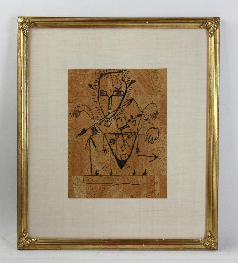 Jamali, Semi Abstract, Ink on Cork: Jamali (Pakistani/American, b.1944), semi-abstract, ink on cork, artist identified on label verso 'Jamali Art and Peace Inc.', 12 1/2" x 9 1/2", frame 22 3/4" x 19 3/4". Provenance: Palm Beach, Florid